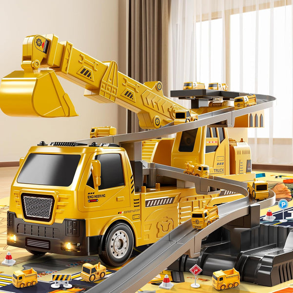 NIPLOOOW 2 in 1 Construction Cranes Truck Toy Playset, Engineering Excavator Track Set