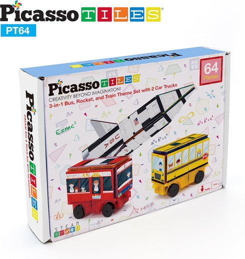 64pc Set 3-in-1 3+ PT64 PicassoTiles Magnetic Tiles Building Blocks STEM Toy for Kids Rocket Train School Bus Theme