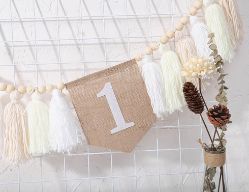 1st Birthday High Chair Banner - White Tassel Theme Banner For Girl - First Birthday Party Banner - White Fringe Wood