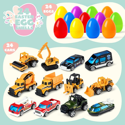 24 JOYIN Pcs Prefilled Easter Eggs with Cars, Vehicle Toys for Boys Kids Easter Party Favor Eggs Hunt/Basket Stuffers