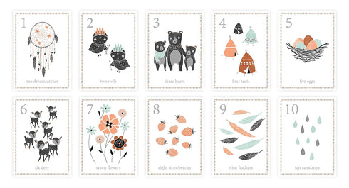 Children's Wall Art Prints, Boho Woodland Animal Room Collection, Set of Four 8x10 Prints and 5x7 Wall Cards