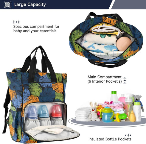 SUABO Backpack Colorful Palm Leaf Pattern Baby Diaper Bag Large Bag Waterproof Travel Diaper Bags for Moms and Dads