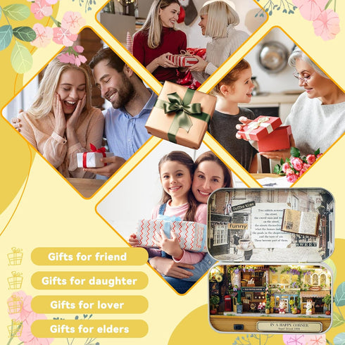 Flever Happy Corner Dollhouse Miniature DIY House Kit with Furniture and Cover for Romantic Valentine's Gift