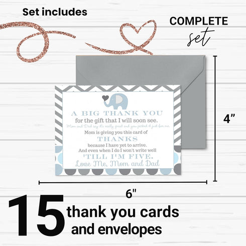 Paper Clever Party Blue Elephant Baby Shower Thank You Cards, 15 Pack with Envelopes, 4x6, Personalize