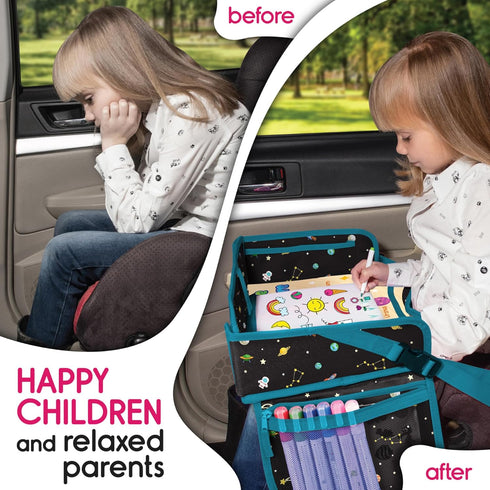 Waterproof Car Seat Tray for Toddler, Kids Travel Lap Desk with Storage for Road Trip Essentials, Black