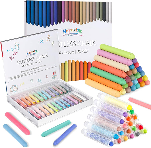 Heyoxista Dustless Wet Erase Chalk Set for Kids - 72 Pcs Vibrant Glass