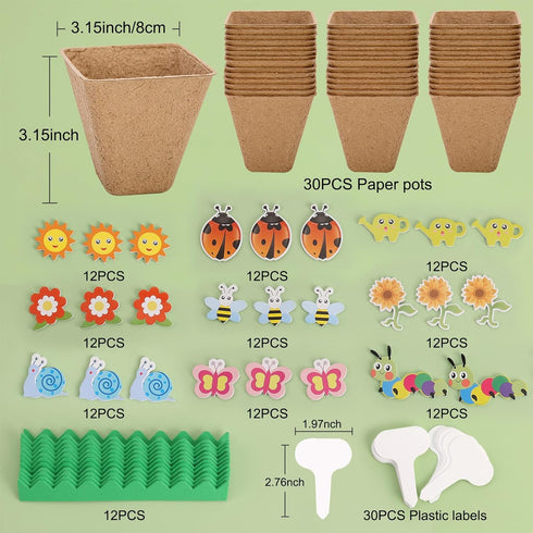 30 Pack 120 30 Ayfjovs Garden Paper Pot Craft Kit, Square Paper Peat Pots with PCS Adhesive Foam Stickers and PCS