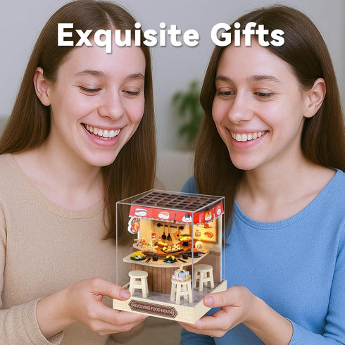 Flever Dollhouse Miniature DIY House Kit Creative Room with Furniture for Romantic Artwork Gift (Revolving Food House)