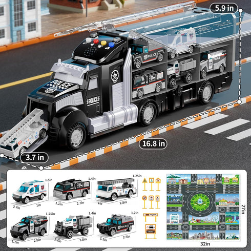 NIPLOOOW Set Set 3 4 5 6 3-4 3-9 Police Trucks Toy with Play Mat, Carrier Truck Play Vehicles for Years Old Boys Kids