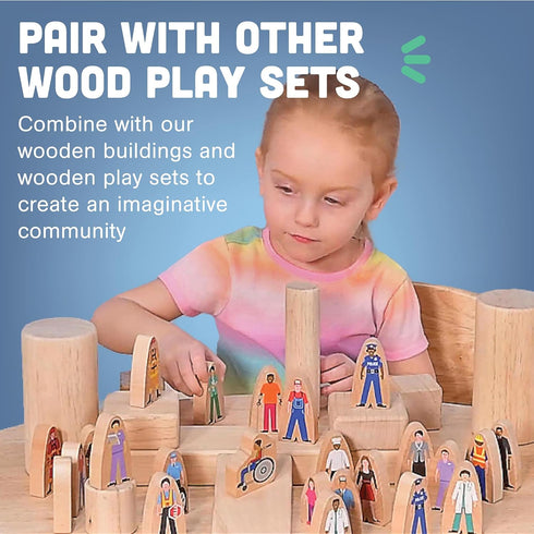 Constructive Playthings 25-Piece Wooden Community Helpers Figurine Set, Inclusive Diverse Wood Toy for Kids 3+