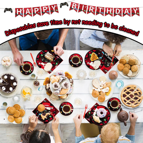 Gamer Theme Party Kit for 24 Guests - 97 Pcs Including Plates, Forks, Napkins, Bunting for Epic Gaming Decor