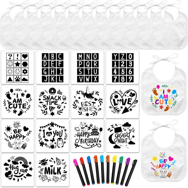 Jutom 38 Pcs DIY Baby Bibs Decorating Kit - 14 Bibs, 14 Stencils, 10 Fabric Markers for Shower Games