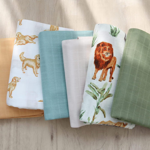 LifeTree Muslin Swaddle Blankets Neutral, Baby Washcloths Safari Animals Swaddling Wrap Nursery Receiving Blanket