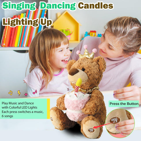 Marsjoy Musical Happy Birthday Teddy Bear with Glowing Cupcake, Animated Plush Toy Singing Dancing Talking Plush Bear