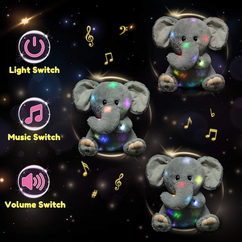11'' Hopearl LED Musical Stuffed Elephant Lighting Up Singing Plush Toy Adjustable Volume Lullaby Animated Soothe