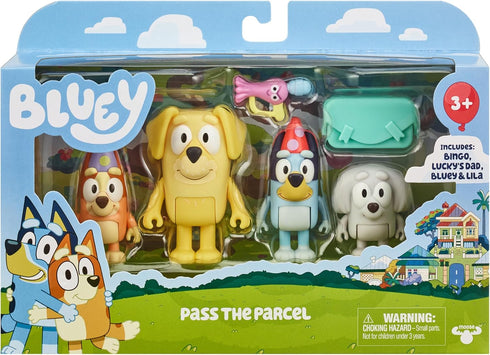 Bluey Figure 4-Pack - Pass The Parcel Character Figures with Accessories, 2.5-3 inch