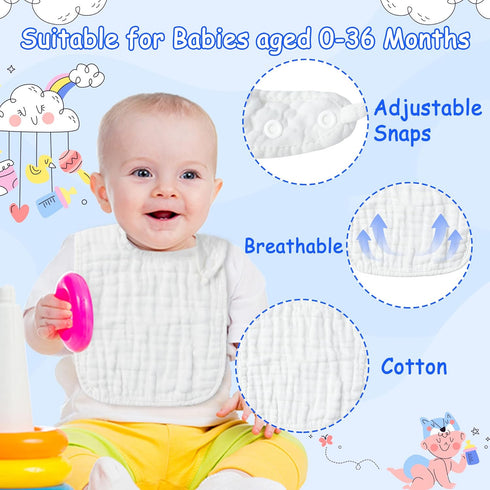 Zainpe 6Pcs Snap Muslin Cotton Baby Bibs - White Adjustable Feeding Bibs for 3 to 36 Months