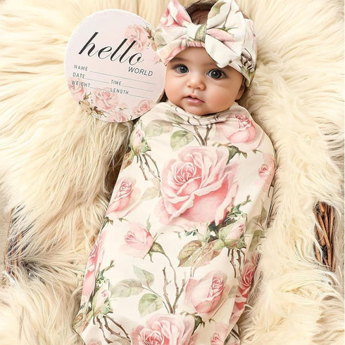 Galabloomer Newborn Receiving Blanket Headband Set, Vintage Flower Baby Flower Swaddle