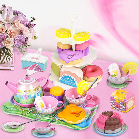 Set 50PCS 3-6 Tea for Little Girls,PRE-WORLD Princess Tea Party Time Toy Including Dessert,Cookies,Doughnut,Teapot Tray