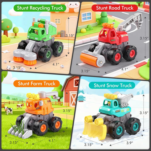ORWINE 4PCS 2 3 4 5 2-3 Baby Boy Toys Cars, Push and Go Cars for Kids, Friction Powered Stunt Trucks, Construction