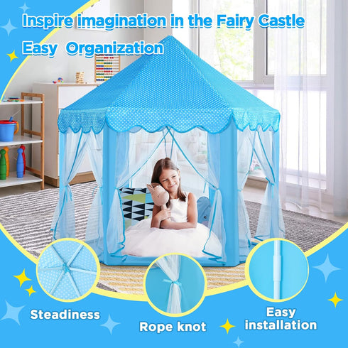 Monobeach Princess Tent for Girls - Large Playhouse Kids Castle Play Tent with Star Lights, Indoor Outdoor Games (Blue)