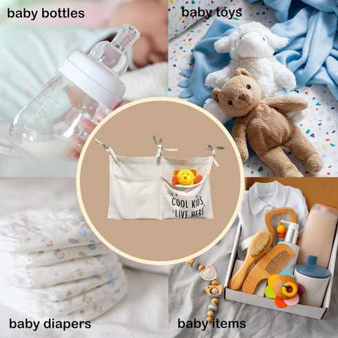 OldFarmBee 2 Cute Linen Baby Crib Hanging Storage Organizer, Pockets Nursery Playpen Cloth Bag with Strap, Minimalist