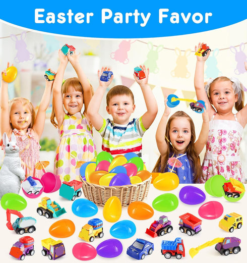 24 Pack Ellinjan Prefilled Easter Eggs with Toys Inside, Pull Back Cars Easter Eggs with Construction Vehicles, Easter