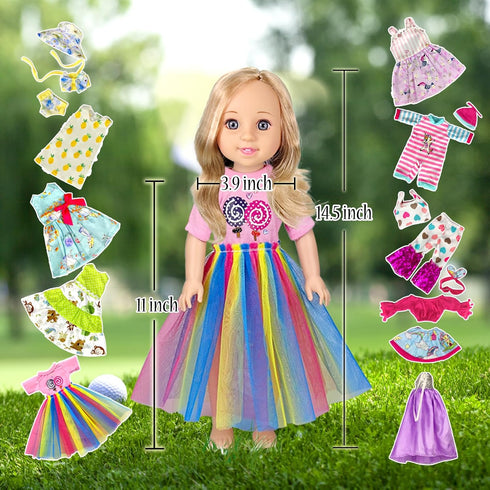 10-Sets Doll Clothes for American 14-inch Dolls, Handmade Outfits and Accessories, Christmas Gift