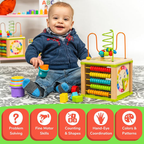 TOYVENTIVE Wooden Activity Cube, Montessori Toys, Educational Sensory Toy for 1-2 Year Old Baby, Toddler, Kid