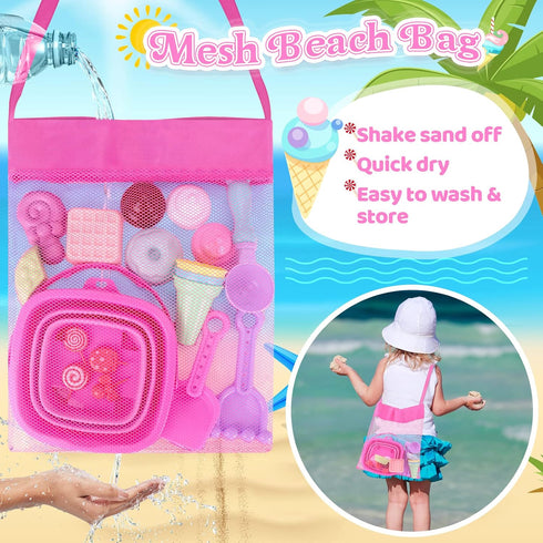 Collapsible Beach Toys Set for Kids, Sand Bucket and Shovels with Mesh Bag & Molds, Ice Cream Travel Toys
