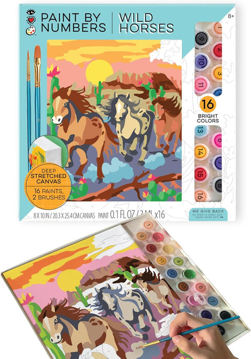 Bright Stripes Paint by Numbers Kit for Kids - Easy Follow Canvas with Frame, Wild Horses Paint Kit