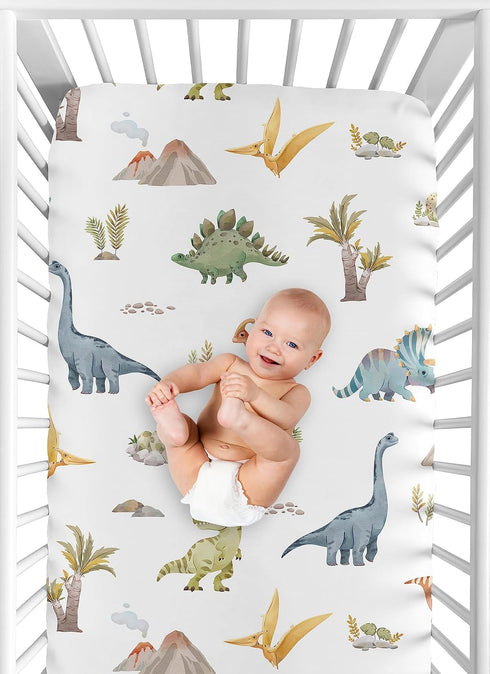 Sweet Jojo Designs Fitted Baby Crib Sheets (Watercolor Dinosaur Dino) for Boys, Infant Nursery, Toddler Room - Standard