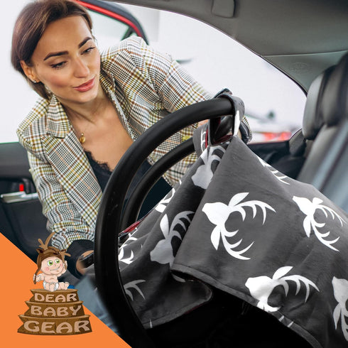 Dear Baby Gear Car Seat Canopy - Baby Carrier Cover - Infant Car Seat Cover - White Antlers, Plaid Red & Black