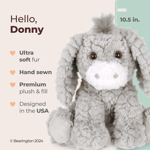 10.5" Bearington Donny Plush Donkey Stuffed Animal - Soft Gray Donkey Toy with Scruffy Fur and Weighted Body - Adorable