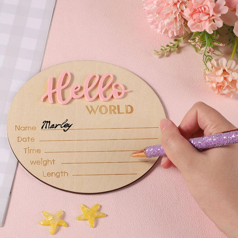 NQEUEPN 5.9in Baby Announcement Sign, Wooden Hello World Newborn Signs Birth Announcement Sign Welcome Name Plaques