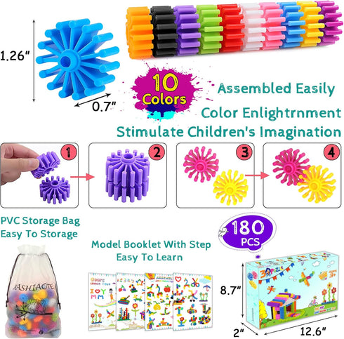 Gears Interlocking Learning Set, 180 Pcs STEM Construction Toy Set for Kids, 10 Colors
