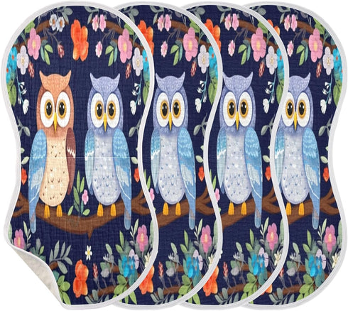 Bulletgxll Set 4, Owls on A Tree Unisex Baby Burp Cloths of Soft Absorbent Organic Cotton Muslin Burping Cloths