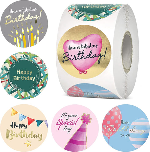 easykart 500 Happy Birthday Stickers, 6 Unique Foiling Designs for Kids Birthday Party Decoration, 1.5 Inch (1 Roll)