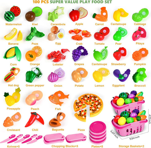 100 Set 2 Pcs Play Food for Kids Kitchen, Pretend Food Toy for Toddlers, Play Kitchen Toys Accessories with Baskets