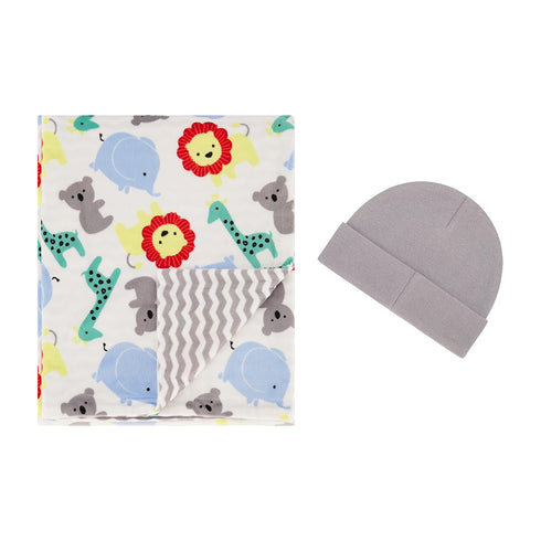Reversible Baby Blanket with Matching Newborn Hat, Soft Cozy Swaddling Blanket for Babies and Toddlers