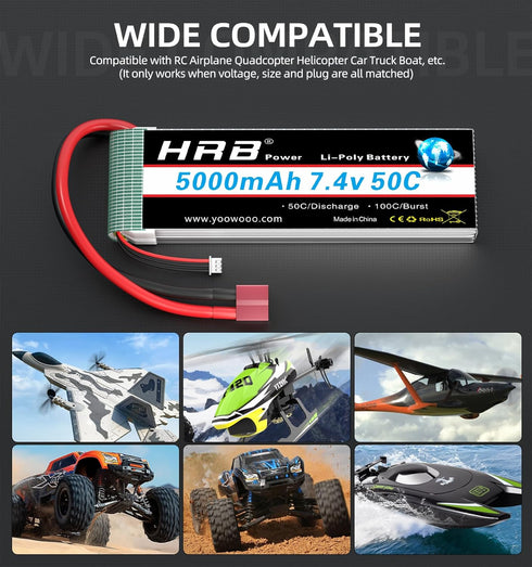 HRB POWER 7.4V 5000mAh 50C 2S HRB Lipo Battery Compatible with RC Car RC Plane RC Truck RC Boat