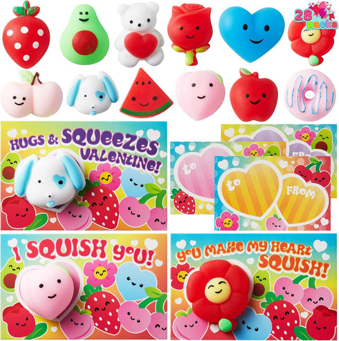 28 Packs JOYIN Valentines Day Gift Cards with Mochi Squishy Toys, Kawaii Mochi Squishy Toy to Squeeze Stress Relief