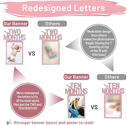 1st Birthday Photo Banner PartyHooman for Baby from Newborn to 12 Months, Rose Gold