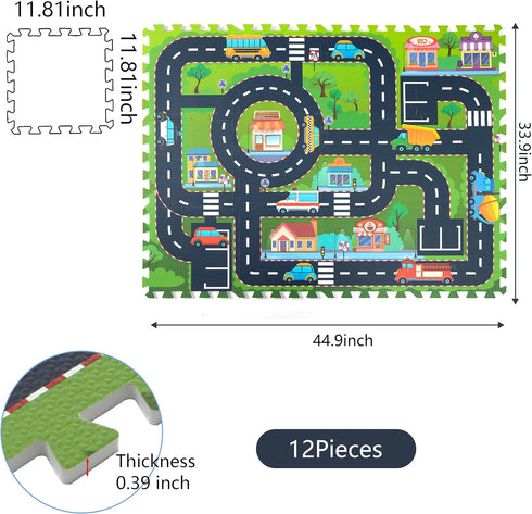 12 Foam Play Mat for Baby, Interlocking Foam Tiles, City Road Track Puzzle Mat Pieces