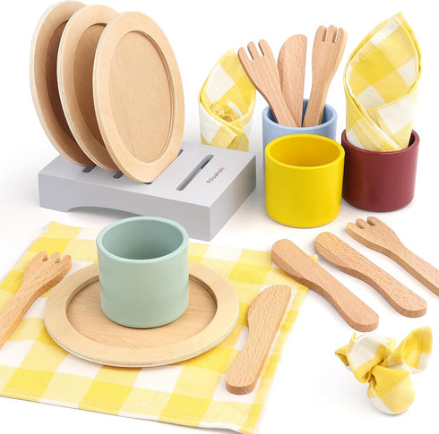 Pillowhale Wooden Table-Setting Learning Play Set for Kids Dinner Plates, Cups &