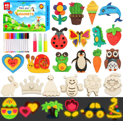 Worgree 48 Pcs DIY Wooden Magnets | Painting Kit for Kids Ages 4-12 | Glow in The Dark Party Favors and Gifts