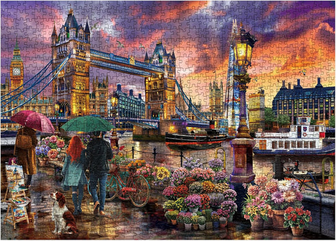 BBOLDIN Sunset 1000 London Landscape Puzzle Pieces for Adult, Europe City Travel Jigsaw Puzzle, Flower Boat Scenic