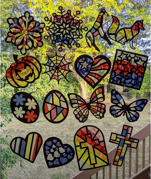 VHALE Suncatchers Craft Kit - 3 Sets (9 Cutouts) with Tissue Papers for Stained Glass Effect, Window Art, Classroom
