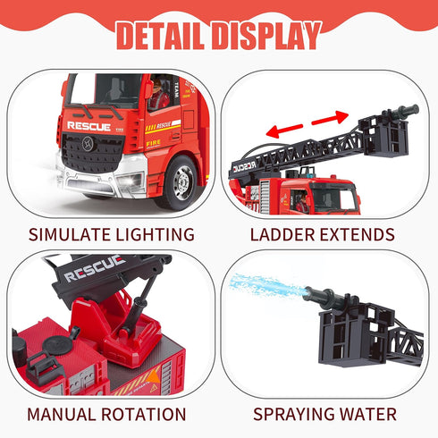 MQDMINI 3 Remote Control Fire Truck Toy - Fireman Fire Truck with Jet Pump and Lights, Red Toy for Year Old Boys, Girls
