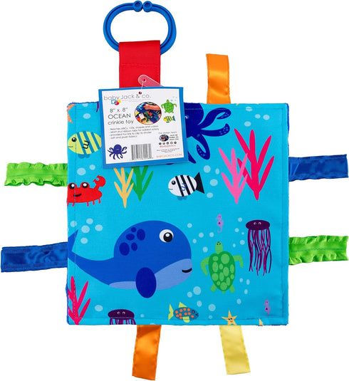 Baby Jack & Co 8x8” Ocean Lovey Tag Toys - Crinkle Toys for Babies, Soft & Safe, BPA Free